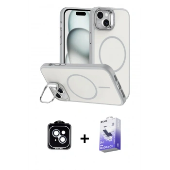 MARSİLYAN™- iPhone 14 Kılıf Çekirdek Klasik - Siyah Bilvis 5in1 5D Magic Hayalet Cam Ekran Koruyucu + PVD Metal Kamera Lens - MI