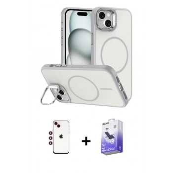 MARSİLYAN™- iPhone 14 Kılıf Çekirdek Klasik - Siyah Bilvis 5in1 5D Magic Hayalet Cam Ekran Koruyucu + Shine Kamera Lens - KI