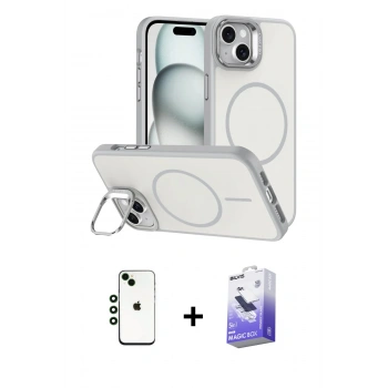 MARSİLYAN™- iPhone 14 Kılıf Çekirdek Klasik - Siyah Bilvis 5in1 5D Magic Hayalet Cam Ekran Koruyucu + Shine Kamera Lens - YL