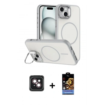 MARSİLYAN™- iPhone 14 Kılıf Çekirdek Klasik - Siyah Buffer Hayalet Cam Ekran Koruyucu + PVD Metal Kamera Lens - PE