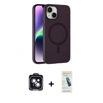 MARSİLYAN™- iPhone 14 Kılıf Çekirdek Modern Prime - Şeffaf Pasifik Cam Ekran Koruyucu + PVD Metal Kamera Lens - SH