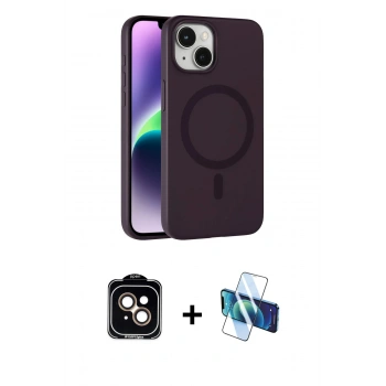 MARSİLYAN™- iPhone 14 Kılıf Çekirdek Modern Prime - Siyah 3D Antistatik Cam Ekran Koruyucu + PVD Metal Kamera Lens - TU