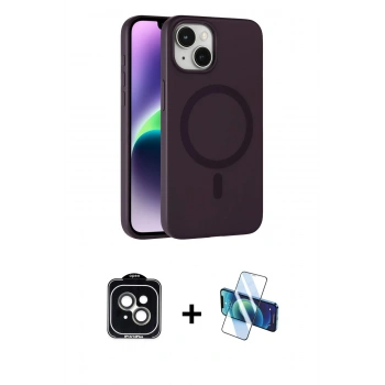 MARSİLYAN™- iPhone 14 Kılıf Çekirdek Modern Prime - Siyah 3D Antistatik Cam Ekran Koruyucu + PVD Metal Kamera Lens - YL