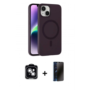 MARSİLYAN™- iPhone 14 Kılıf Çekirdek Modern Prime - Siyah 3D Antistatik Hayalet Cam Ekran Koruyucu + PVD Metal Kamera Lens - GS