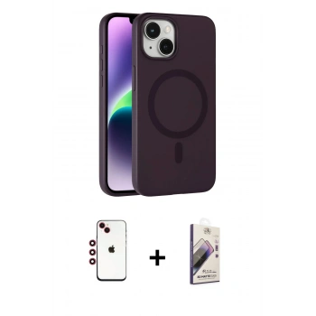 MARSİLYAN™- iPhone 14 Kılıf Çekirdek Modern Prime - Siyah Bilvis 3D Mat Cam Ekran Koruyucu + Shine Kamera Lens - KI