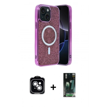 MARSİLYAN™- iPhone 14 Kılıf Eksen Çizgi - Şeffaf 360 Full Body Arka Koruyucu + PVD Metal Kamera Lens - GS