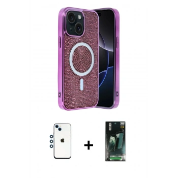 MARSİLYAN™- iPhone 14 Kılıf Eksen Çizgi - Şeffaf 360 Full Body Arka Koruyucu + Shine Kamera Lens - MI