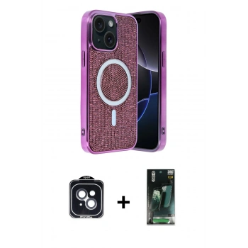 MARSİLYAN™- iPhone 14 Kılıf Eksen Çizgi - Şeffaf 360 Full Body Arka Koruyucu + PVD Metal Kamera Lens - SH
