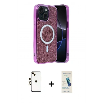 MARSİLYAN™- iPhone 14 Kılıf Eksen Çizgi - Şeffaf Pasifik Cam Ekran Koruyucu + Shine Kamera Lens - GD