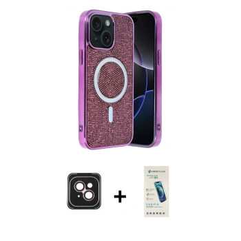 MARSİLYAN™- iPhone 14 Kılıf Eksen Çizgi - Şeffaf Pasifik Cam Ekran Koruyucu + PVD Metal Kamera Lens - PE