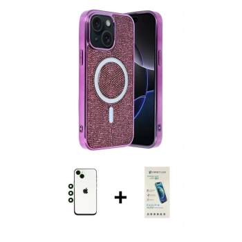 MARSİLYAN™- iPhone 14 Kılıf Eksen Çizgi - Şeffaf Pasifik Cam Ekran Koruyucu + Shine Kamera Lens - YL