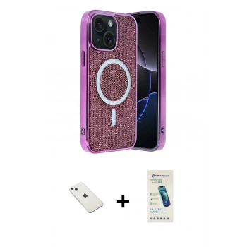 MARSİLYAN™- iPhone 14 Kılıf Eksen Çizgi - Şeffaf Pasifik Cam Ekran Koruyucu + Diamond Kamera Lens - SABE