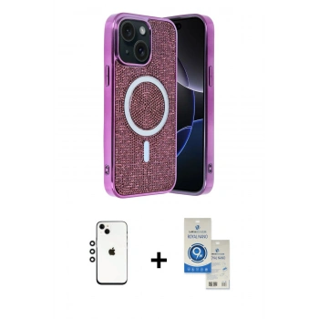 MARSİLYAN™- iPhone 14 Kılıf Eksen Çizgi - Şeffaf Royal Nano Ekran Koruyucu + Shine Kamera Lens - GS