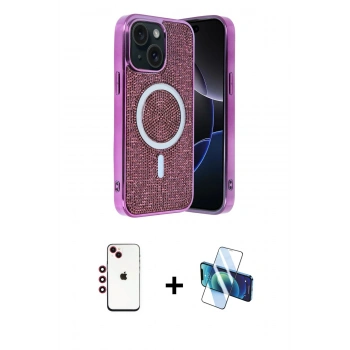 MARSİLYAN™- iPhone 14 Kılıf Eksen Çizgi - Siyah 3D Antistatik Cam Ekran Koruyucu + Shine Kamera Lens - KI