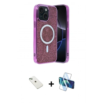 MARSİLYAN™- iPhone 14 Kılıf Eksen Çizgi - Siyah 3D Antistatik Cam Ekran Koruyucu + Diamond Kamera Lens - YL