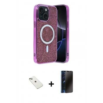 MARSİLYAN™- iPhone 14 Kılıf Eksen Çizgi - Siyah 3D Antistatik Hayalet Cam Ekran Koruyucu + Diamond Kamera Lens - YL