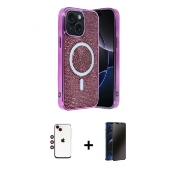 MARSİLYAN™- iPhone 14 Kılıf Eksen Çizgi - Siyah 3D Antistatik Hayalet Cam Ekran Koruyucu + Shine Kamera Lens - KI