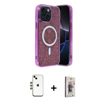 MARSİLYAN™- iPhone 14 Kılıf Eksen Çizgi - Siyah Bilvis 3D Cam Ekran Koruyucu + Shine Kamera Lens - GD