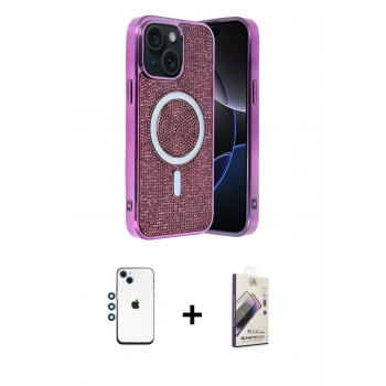 MARSİLYAN™- iPhone 14 Kılıf Eksen Çizgi - Siyah Bilvis 3D Mat Cam Ekran Koruyucu + Shine Kamera Lens - MI