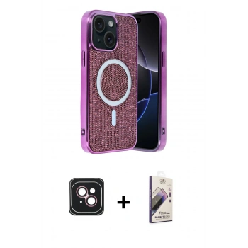 MARSİLYAN™- iPhone 14 Kılıf Eksen Çizgi - Siyah Bilvis 3D Mat Cam Ekran Koruyucu + PVD Metal Kamera Lens - PE