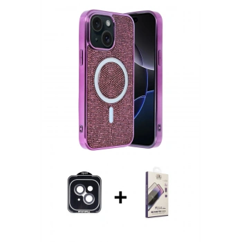 MARSİLYAN™- iPhone 14 Kılıf Eksen Çizgi - Siyah Bilvis 3D Mat Cam Ekran Koruyucu + PVD Metal Kamera Lens - SH