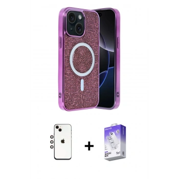 MARSİLYAN™- iPhone 14 Kılıf Eksen Çizgi - Siyah Bilvis 5in1 3D Magic Cam Ekran Koruyucu + Shine Kamera Lens - GI