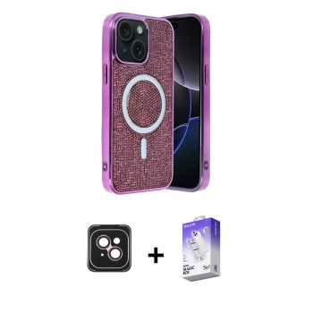 MARSİLYAN™- iPhone 14 Kılıf Eksen Çizgi - Siyah Bilvis 5in1 3D Magic Cam Ekran Koruyucu + PVD Metal Kamera Lens - PE