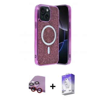 MARSİLYAN™- iPhone 14 Kılıf Eksen Çizgi - Siyah Bilvis 5in1 3D Magic Cam Ekran Koruyucu + Raze Metal Kamera Lens - KI