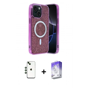 MARSİLYAN™- iPhone 14 Kılıf Eksen Çizgi - Siyah Bilvis 5in1 3D Magic Cam Ekran Koruyucu + Shine Kamera Lens - YL
