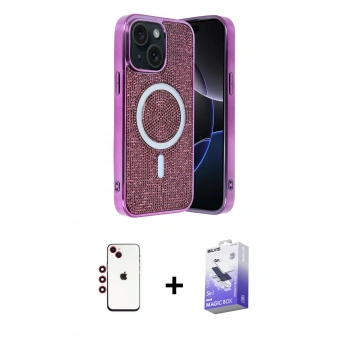 MARSİLYAN™- iPhone 14 Kılıf Eksen Çizgi - Siyah Bilvis 5in1 5D Magic Hayalet Cam Ekran Koruyucu + Shine Kamera Lens - KI