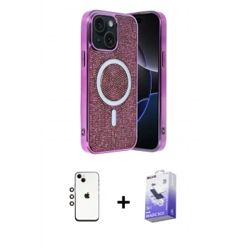 MARSİLYAN™- iPhone 14 Kılıf Eksen Çizgi - Siyah Bilvis 5in1 5D Magic Hayalet Cam Ekran Koruyucu + Shine Kamera Lens - GI