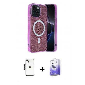 MARSİLYAN™- iPhone 14 Kılıf Eksen Çizgi - Siyah Bilvis 5in1 5D Magic Hayalet Cam Ekran Koruyucu + Shine Kamera Lens - SH