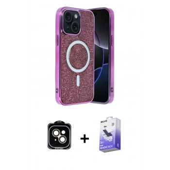 MARSİLYAN™- iPhone 14 Kılıf Eksen Çizgi - Siyah Bilvis 5in1 5D Magic Hayalet Cam Ekran Koruyucu + PVD Metal Kamera Lens - TU