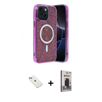 MARSİLYAN™- iPhone 14 Kılıf Eksen Çizgi - Siyah Bilvis Hayalet Cam Ekran Koruyucu + Diamond Kamera Lens - KI