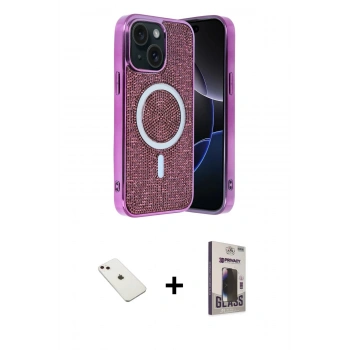 MARSİLYAN™- iPhone 14 Kılıf Eksen Çizgi - Siyah Bilvis Hayalet Cam Ekran Koruyucu + Diamond Kamera Lens - PE