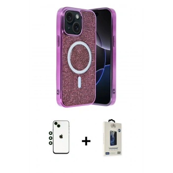 MARSİLYAN™- iPhone 14 Kılıf Eksen Çizgi - Siyah Bilvis Hayalet Cam Ekran Koruyucu + Shine Kamera Lens - YL