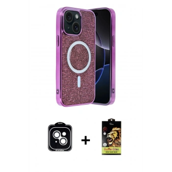 MARSİLYAN™- iPhone 14 Kılıf Eksen Çizgi - Siyah Buffer Cam Ekran Koruyucu + PVD Metal Kamera Lens - GS