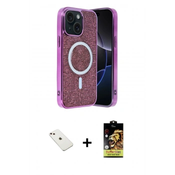 MARSİLYAN™- iPhone 14 Kılıf Eksen Çizgi - Siyah Buffer Cam Ekran Koruyucu + Diamond Kamera Lens - PE