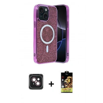 MARSİLYAN™- iPhone 14 Kılıf Eksen Çizgi - Siyah Buffer Cam Ekran Koruyucu + PVD Metal Kamera Lens - PE