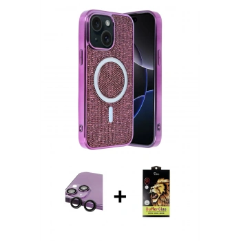 MARSİLYAN™- iPhone 14 Kılıf Eksen Çizgi - Siyah Buffer Cam Ekran Koruyucu + Raze Metal Kamera Lens - SH