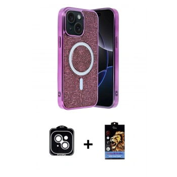 MARSİLYAN™- iPhone 14 Kılıf Eksen Çizgi - Siyah Buffer Hayalet Cam Ekran Koruyucu + PVD Metal Kamera Lens - GS