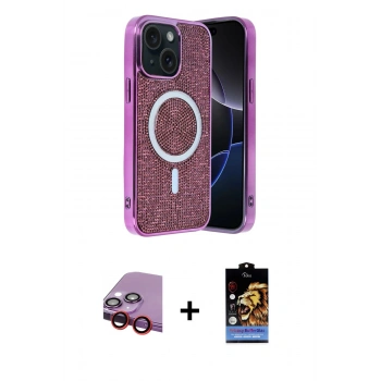 MARSİLYAN™- iPhone 14 Kılıf Eksen Çizgi - Siyah Buffer Hayalet Cam Ekran Koruyucu + Raze Metal Kamera Lens - KI