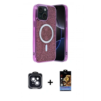 MARSİLYAN™- iPhone 14 Kılıf Eksen Çizgi - Siyah Buffer Hayalet Cam Ekran Koruyucu + PVD Metal Kamera Lens - SH