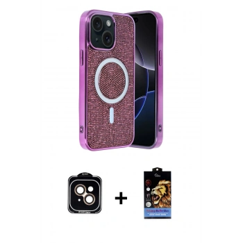 MARSİLYAN™- iPhone 14 Kılıf Eksen Çizgi - Siyah Buffer Hayalet Cam Ekran Koruyucu + PVD Metal Kamera Lens - TU