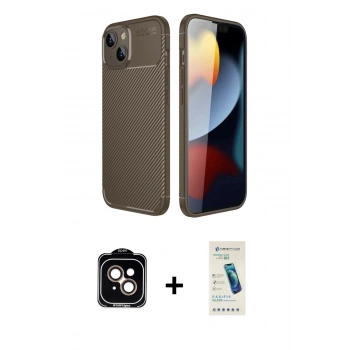 MARSİLYAN™- iPhone 14 Kılıf Eksen Form Prime - Şeffaf Pasifik Cam Ekran Koruyucu + PVD Metal Kamera Lens - TU