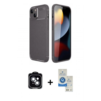MARSİLYAN™- iPhone 14 Kılıf Eksen Form Prime - Şeffaf Royal Nano Ekran Koruyucu + PVD Metal Kamera Lens - MI
