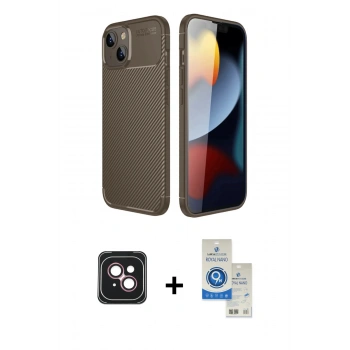 MARSİLYAN™- iPhone 14 Kılıf Eksen Form Prime - Şeffaf Royal Nano Ekran Koruyucu + PVD Metal Kamera Lens - PE