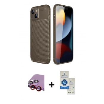 MARSİLYAN™- iPhone 14 Kılıf Eksen Form Prime - Şeffaf Royal Nano Ekran Koruyucu + Raze Metal Kamera Lens - KI