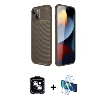 MARSİLYAN™- iPhone 14 Kılıf Eksen Form Prime - Siyah 3D Antistatik Cam Ekran Koruyucu + PVD Metal Kamera Lens - GS