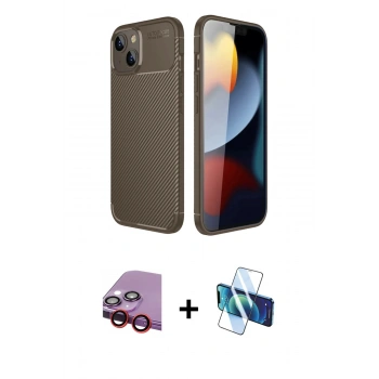 MARSİLYAN™- iPhone 14 Kılıf Eksen Form Prime - Siyah 3D Antistatik Cam Ekran Koruyucu + Raze Metal Kamera Lens - KI